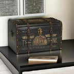 Household Essentials Large Decorative Storage Trunk with Vintage Decoupage, Leather and Metal Accents, Green and Black Finish - Image 5