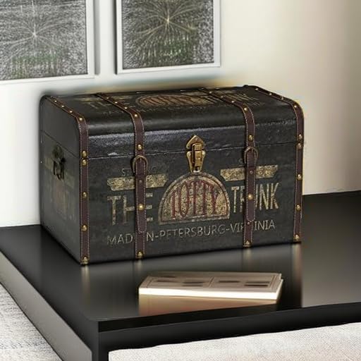 Household Essentials Large Decorative Storage Trunk with Vintage Decoupage, Leather and Metal Accents, Green and Black Finish - Image 5