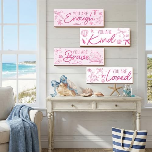 4 Pcs Pink Coastal Wall Decor, Positive Affirmations Wall Art Decor, Inspirational Wooden Signs, Beach Boho Bow Wall Art Hanging Plaques, Perfect for Girls Bedroom, Bathroom, Living Room - Image 6