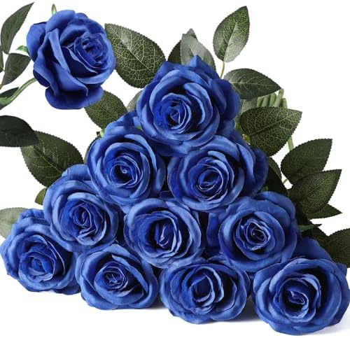 10pcs Blue Roses Artificial Flowers, Realistic Faux Rose with Long Stem by Nubry