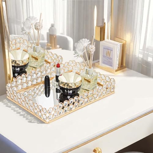 Metal Crystal Mirror Tray - 11.2"x8.1" Table Centerpieces Tray, Multi-Functional Display for Flowers/Cupcakes/Jewelry, Vanity Organizer & Wedding Dessert Table Accent (1, Gold) - Image 6