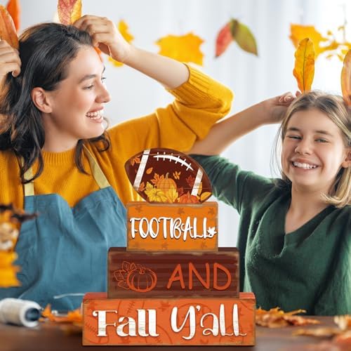 4 Pcs Fall Football Table Decor Football Wooden Blocks Signs with Sayings - Image 5