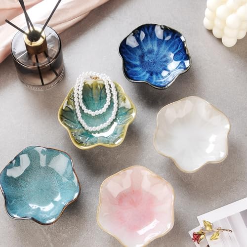 JAMEND CLXP 2PCS Lotus Leaf Shape Ring Holder Dish, Small Key Bowl, Ceramic Trinket Tray Jewelry Dish Organizing Necklace Earrings for Mom Friend Sister, All Jewelries Are NOT Included. Blue+Pink.… - Image 2