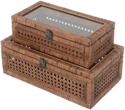 DECOR4SEASON Set of 2 Rattan and Cane Stacking Boxes,Brown,12"&14" by DECOR4SEASON