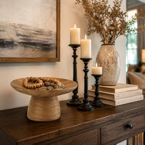Braxio Faux Wood Decorative Bowl - Resin Pedestal Wood Grain Catchall Bowl for Entryway Keys, Coffee Table Decor, Living Room Centerpiece, Housewarming Gift 8.5 x 8.5 x 4.8 Inch - Image 2