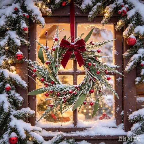 10 PCS Mini Christmas Wreaths for Cabinets 9" Christmas Kitchen Cabinet with Pine Needles Pinecones Red Berries Bells and Bow Christmas Wreath for Front Door Window Wall Xmas Holiday Home Decor - Image 2