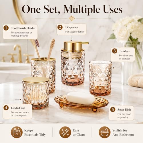 5 Piece Glass Bathroom Accessories Set, Brown & Gold Vanity Countertop Set - Image 4
