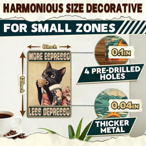Coffee Cat Metal Signs More Espresso Less Depresso Tin Sign Kimono Cat Home Kitchen Wall Decor Bathroom Bedroom Office 12x8 Inch - Image 2