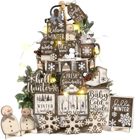 Shellwei 23 Pcs Winter Tiered Tray Decor, Hello Winter Snowman Signs by Shellwei