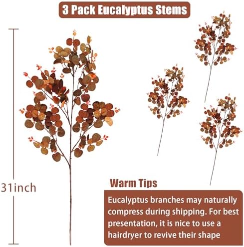 3PCS Fall Stems for Vases, Faux Eucalyptus Stems, Orange Brown - Image 4