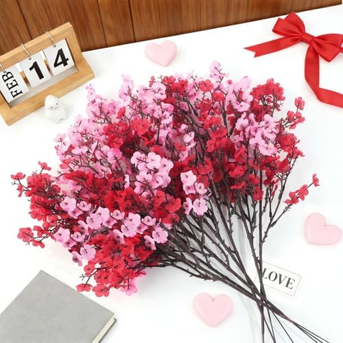 Uieke 6 Pcs Valentine’s Day Artificial Baby’s Breath Flowers, Red Pink Faux Gypsophila Bouquets Real Touch Silk Fake Flowers for Romantic Wedding, Anniversary, Party, Home Table Centerpiece Décor - Image 3