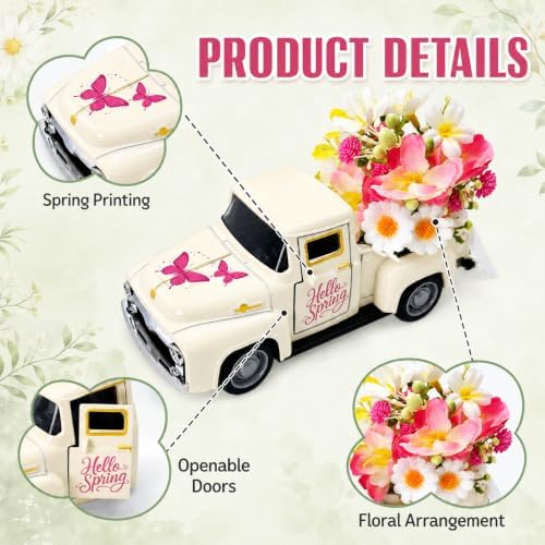 Vintage Metal Truck Decor with Artificial Flowers, Spring Floral Pickup Truck Decoration, Farmhouse Home Decor for Table Shelf Mantel Tiered Tray, Easter Mother's Day Spring Decorations Gift - Image 5
