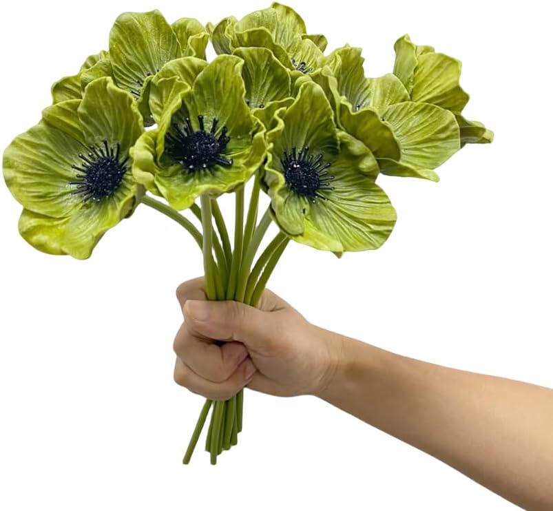 Rikyo 10 pcs Green Artificial Flowers Poppy Flowers, 11" Faux Flower Stems - Image 2