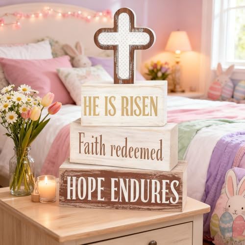 Easter Decorations - He Is Risen Cross Tiered Tray Decor - Faith Redeemed Religious Wooden Tabletop Sign - Farmhouse Easter Christian Home Decor Indoor - Spring Home Decor for Living Room, Kitchen Counter, Seasonal Farmhouse Display - Image 6