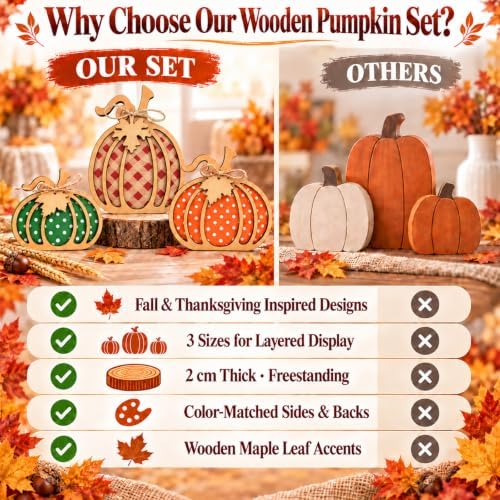 AstraVox 3Pcs Wooden Pumpkin Fall Decor, Rustic Autumn Decorations for Home - Image 5