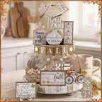 Shellwei 20 Pcs Fall Tiered Tray Decor Set, Neutral Autumn Pumpkin Sign - Image 4