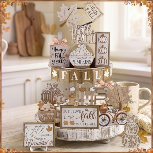 Shellwei 20 Pcs Fall Tiered Tray Decor Set, Neutral Autumn Pumpkin Sign - Image 4