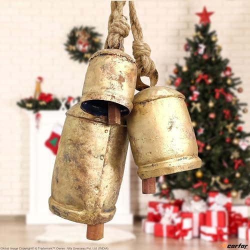 Handicrafts Vintage Rustic Metal Harmony Cow Bells Set of 3 Huge Rustic Christmas Handmade Bells On Jute Rope - Image 3