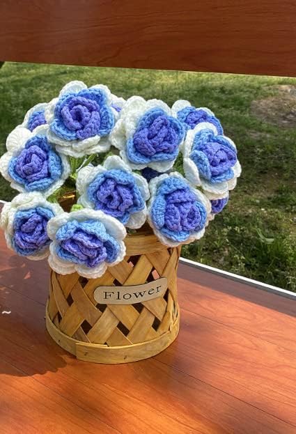 JOONOR 8 Pcs Hand-Woven Roses, Crochet Rose Flower Bouquet, Blue - Image 4