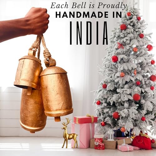 Giant Decorative Cow Bells Set of 3 Huge Christmas Bells for Decoration - XL Vintage Harmony Cowbells Rustic on Jute Rope Hanging Gold Tibetan Lucky Charm (6"-8"-10") - Image 3