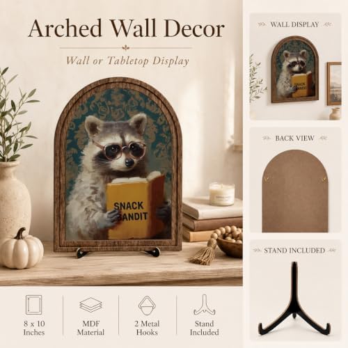 Wooden Tabletop Sign Funny Raccoon Decor for Bookshelf Desk Shelf, Arched Wood Frame Vintage Reading Animal Art, Rustic Home Office Display Accent for Animal Lovers - Image 4