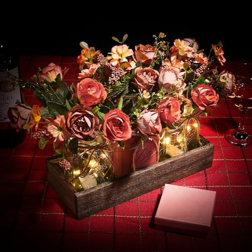 3 Pcs Mason Jar Centerpiece Table Decorations for Dining Table Decor Farmhouse Coffee Table Decor with Wood Tray and Led Light Table Centerpieces for Dining room Kitchen Living Bathroom,Orange - Image 6