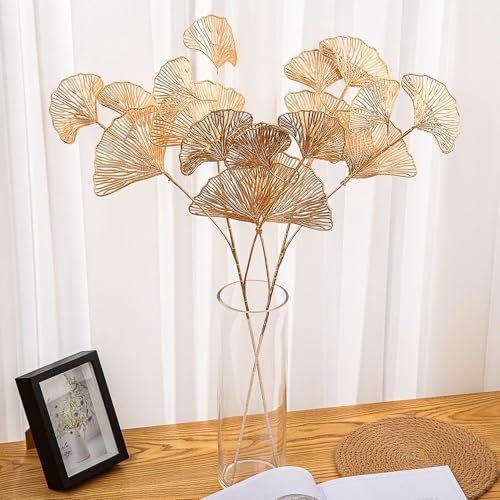 Artificial Gold Plants Fake Golden Ginkgo Leaves - Tall 21 Inch 4 Pack, Faux Apricot Leaf Simulation Bushes Plant for Indoor Outdoor Christmas Home Decor Party Wedding Table Centerpiece DIY Decoration - Image 3