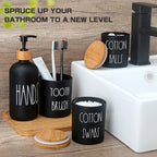 Matte Black Bathroom Accessories Set, 5 Pcs Glass Bathroom Accessory Set with Bamboo Tray, Soap Dispenser and Toothbrush Holder Set, Qtip Holder Set, Farmhouse Boho Bathroom Set Complete - Image 5