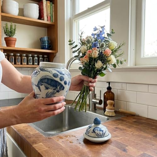 8" Ceramic Ginger Jar w/Lid - Classic Chinese Style Porcelain Jar Tea Storage for Home Decor Decorative Centerpiece Vintage Accent Antique Vase Jingdezhen (Slate Blue & White Koi) - Image 4