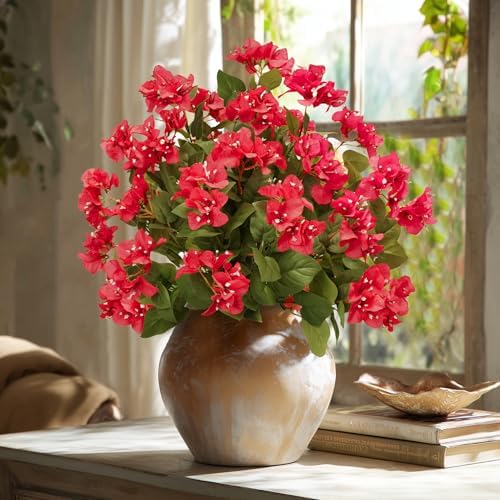 Bougainvillea Artificial Faux Bougainvillea Outdoor 4 Pack Fake Bougainvillea Hanging Flowers Artificial Bougainvillea for Indoor Home Porch Garden Decor Spring Flowers No Vases(Red) by Unknown