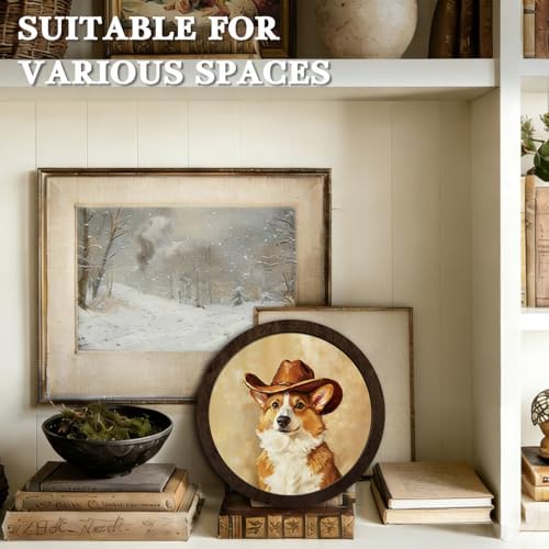 CFFJLHN Western Corgi Wall Art Decor Western Corgi Lovers Gifts Framed Round Wooden Wall Art, Vintage Corgi with Cowboy Hat Wall Decor for Home Bedroom, Living Room, Office, Bathroom, 10x10 Inch - Image 6
