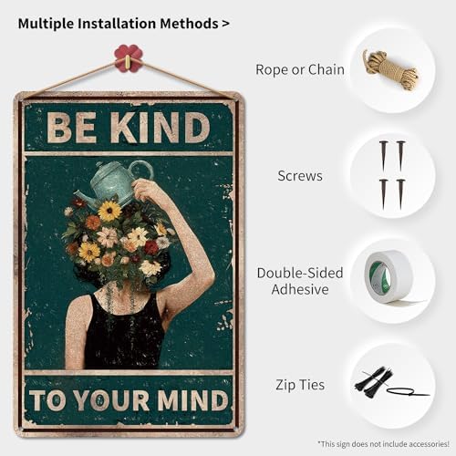 Wall Decor Art Vintage Tin Metal Sign Be Kind to Your Mind Plants Decors Poster Boho Room Decor Aesthetic for Home Bedroom Office Women Gifts 8X12 Inches - Image 3