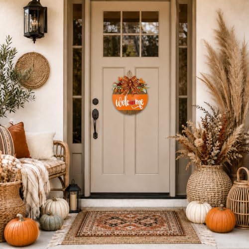 Fall Door Sign for Front Door, Wooden Welcome Hanger with Pumpkin Design, Plaid Bow and Autumn Leaves, Porch Entry Decor, Harvest Wreath Accent, Thanksgiving Decorations for Home and Covered Porch - Image 7