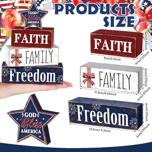 Moucuny 4 Pcs Patriotic Wooden Block Sign July 4th Table Star Decor - Image 3