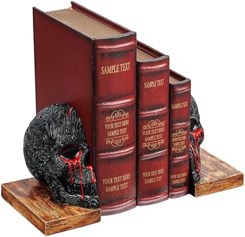 Skull Book Ends Gothic, Lifesize Human, Heavy-Duty Bookends, Skeleton Decorations, Bookends for Shelves, Heavy Books, Black Skull Design Bookend 7x5.1x6.3, Spooky Decor, Holiday - Bloody Black & Red by Gute