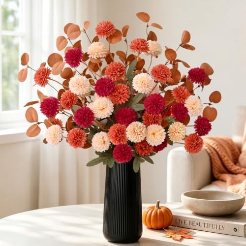 12 Pcs Realistic Fall Flowers Fake Mums with Vase, Full Silk Pompon Bulk by Yastouay
