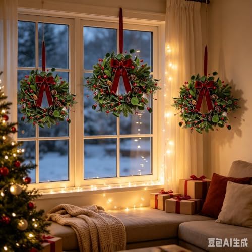 6 Pcs Small 4th of July Hanging Wreaths for Cabinets Patriotic Mini Candle Ring Wreath with Red White Blue Flowers (4, Greenery with Red Bells Pinecones) - Image 4