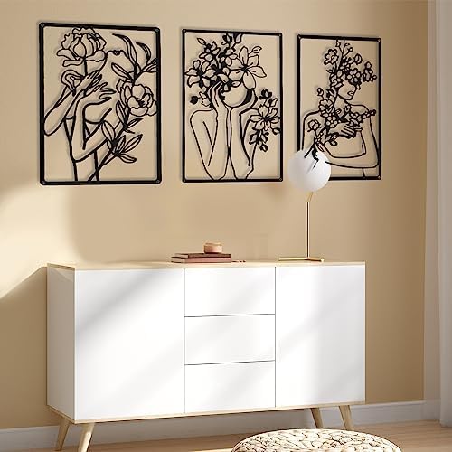 CHENGU 3 Pieces Metal Minimalist Abstract Woman Wall Art Line Drawing Wall Art Decor Single Line Female Home Hanging for Kitchen Bathroom Living Room - Image 3