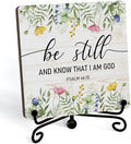 Inspirational Christian Desk Decor, Be Still And Know That I Am God Wildflower Sign, Desk Decorations For Office Home Living Room Bathroom, Eucalyptus Shelf Decor, Wooden Plaque With Stand (08) by JUSITAKEET