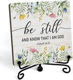 Inspirational Christian Desk Decor, Be Still And Know That I Am God Wildflower Sign, Desk Decorations For Office Home Living Room Bathroom, Eucalyptus Shelf Decor, Wooden Plaque With Stand (08) by JUSITAKEET