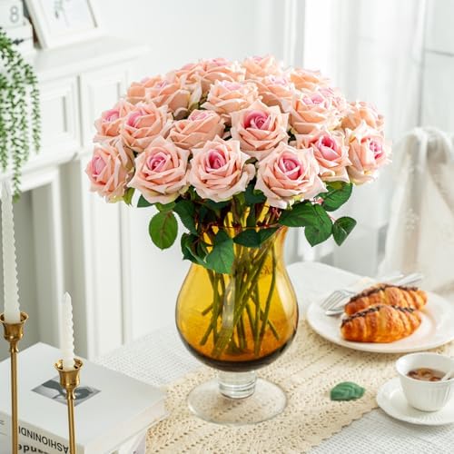 Ttranewsoo 24PCS Pink Artificial Flowers, Realistic Fake Roses with Stems for Bridal Shower, Baby Shower, Wedding Centerpieces, DIY Bouquets & Party Decor, 16.5 Inch - Image 5