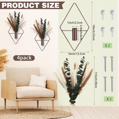 Jexine 4 Pcs Hanging Artificial Planters Wall Decor, Bronze, Pampas - Image 2