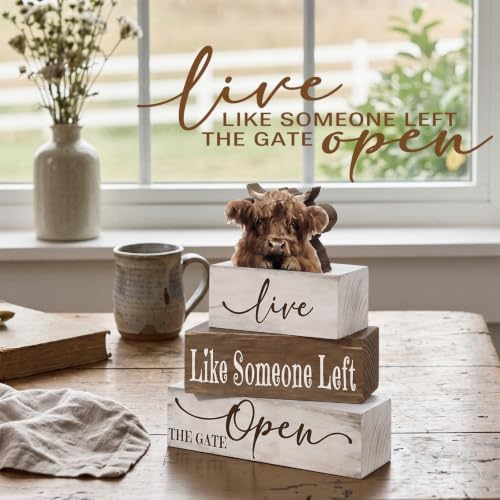 Moucuny 4 Pcs Highland Cow Table Decorations Set Wooden Tiered Tray Decor Farmhouse Table Centerpiec Stacked Wooden Block Signs for Fireplace Mantel Home Shelf Kitchen - Image 4