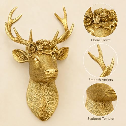 GUSFREUD Gold Animal Head Wall Decor - 13" Resin Deer Head Wall Art For Home Decor, Deer Wall Sculptures for Living Room, Bedroom, Kitchen, Unique Gift Idea - Image 5