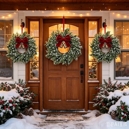 4 Set Christmas Hanging Wreaths Small Snow Flocked Artificial Cedar Wreaths with Red Velvet Ribbon Bronze Bells Mini Faux Greenery Wreath for Front Door Porch Cabinet Window Xmas Holiday Decorations - Image 3