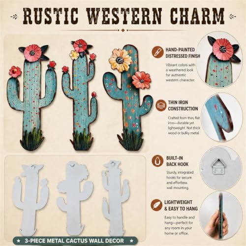 flangairy 3 Pcs Metal Cactus Wall Art, Southwestern Decor for Living Room - Image 4