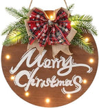 HOMCDALY Merry Christmas Sign for Front Door, Wooden Hanging Sign Door Decoration with 12 LED Light, Winter Welcome Wreath indoor outdoor Décor, Christmas Decoration. by HOME