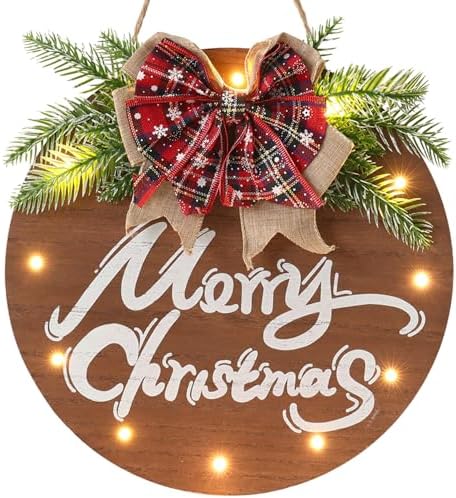 HOMCDALY Merry Christmas Sign for Front Door, Wooden Hanging Sign Door Decoration with 12 LED Light, Winter Welcome Wreath indoor outdoor Décor, Christmas Decoration. by HOME