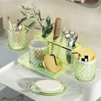 Green Bathroom Accessories Set 5 Pcs, Glass Bathroom Set, Soap Dispenser with Rust Foaming Pump, Soap Dish, Cup, Acrylic Toothbrush Holder Vanity Tray, Cotton Balls Holder, Bathroom Counter Decor - Image 5