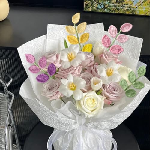 6 Pcs Handmade Crochet Colorful Leaf Bouquet with Long Stems - Image 3